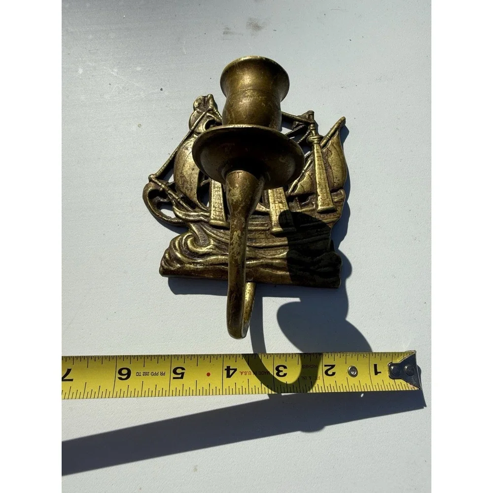 Vintage Brass Hanging Ship‎ Plaque Candle Holder Nautical